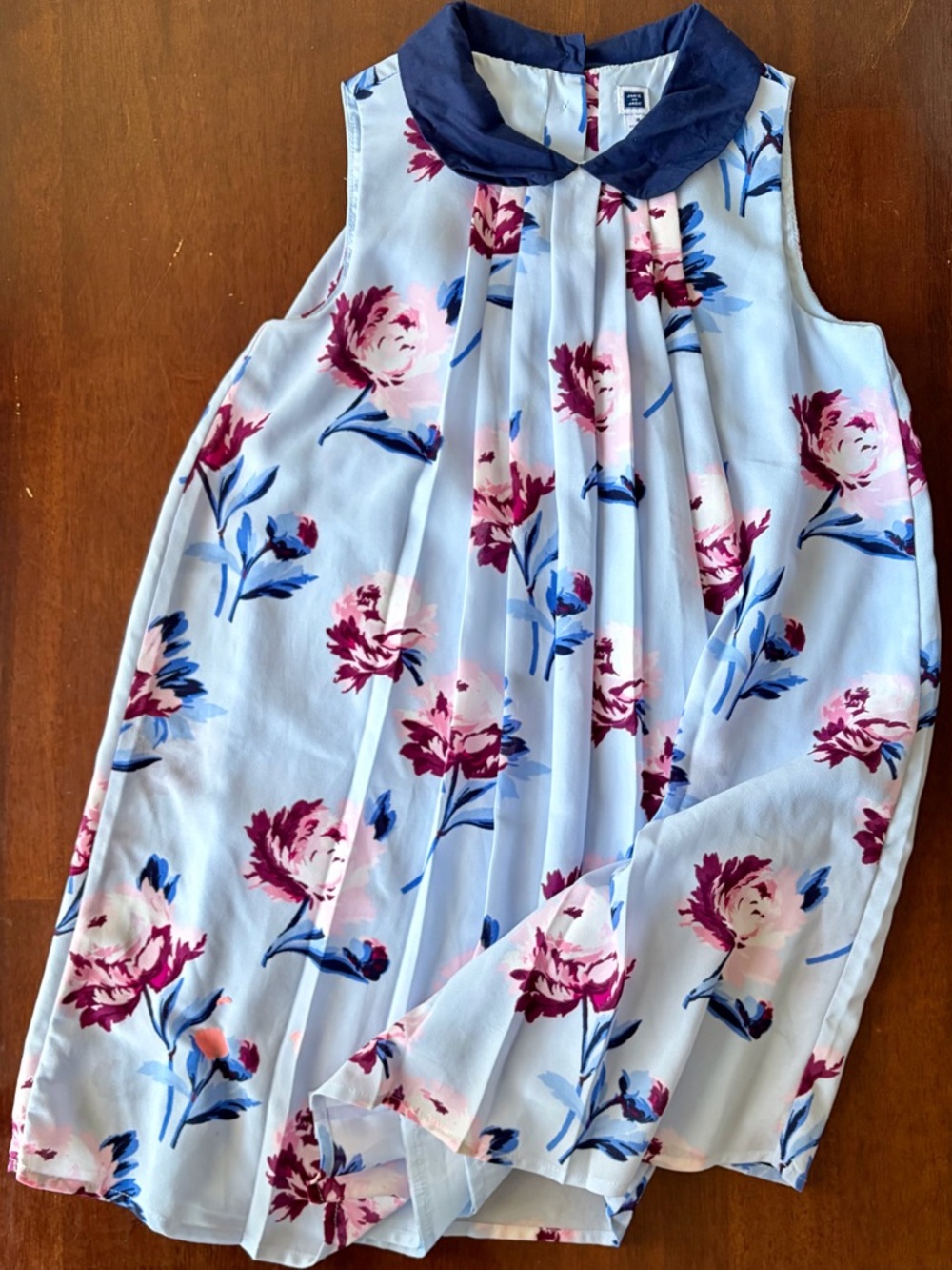 Girls Floral Navy-Collar Sleeveless Dress - Light Blue with Pink Flowers